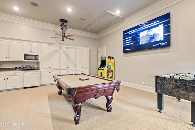 232 Princeton Woods Loop, Lafayette, LA 70508 - playroom featuring light carpet, ornamental molding, recessed lighting, billiards table, and attic access