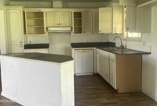 14927 S Guegnon St, Abbeville, LA 70510 - kitchen featuring white dishwasher, dark wood-style flooring, open shelves, and dark countertops