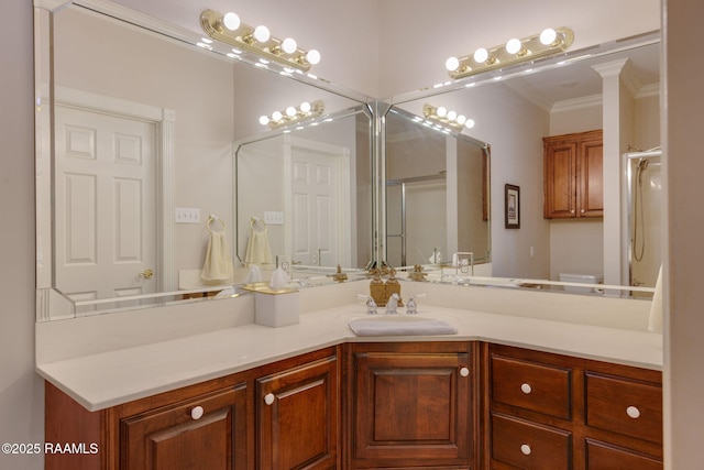 104 Briarfield Dr, Carencro, LA 70520 - bathroom with vanity, crown molding, and a shower with shower door