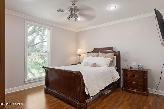 104 Briarfield Dr, Carencro, LA 70520 - bedroom featuring multiple windows, dark wood-style floors, ornamental molding, and ceiling fan