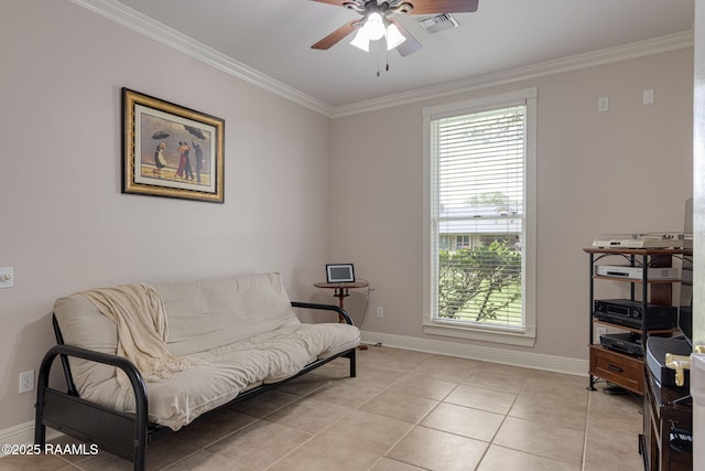 104 Briarfield Dr, Carencro, LA 70520 - living area featuring ornamental molding, light tile patterned floors, ceiling fan, and plenty of natural light