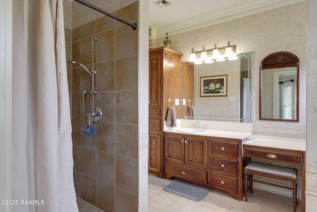 104 Briarfield Dr, Carencro, LA 70520 - bathroom with crown molding, vanity, tiled shower, and tile patterned flooring