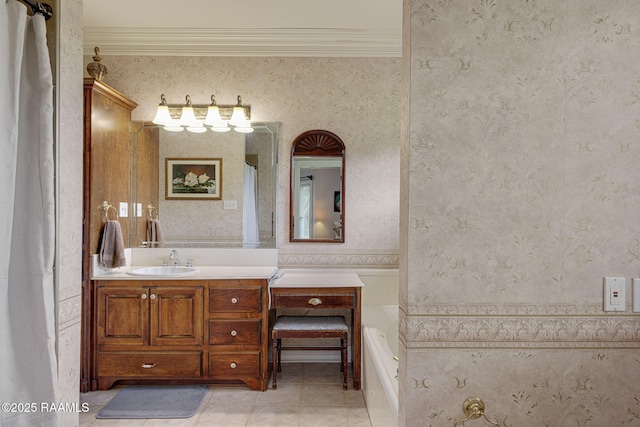 104 Briarfield Dr, Carencro, LA 70520 - bathroom with wallpapered walls, vanity, crown molding, tile patterned flooring, and wainscoting
