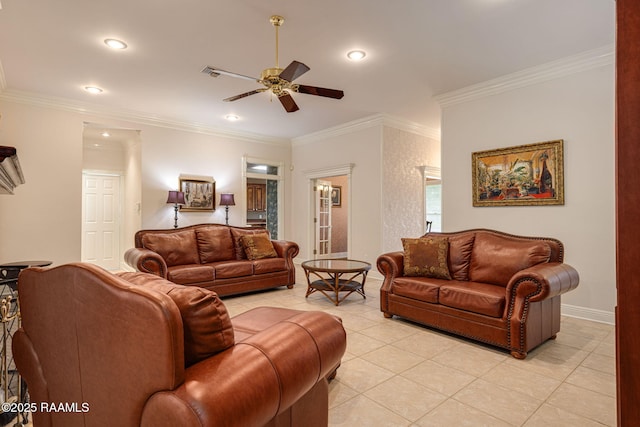 104 Briarfield Dr, Carencro, LA 70520 - living area featuring ceiling fan, ornamental molding, light tile patterned floors, and recessed lighting