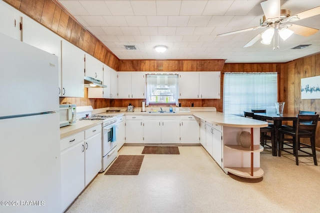 107 Julenie Way, Youngsville, LA 70592 - kitchen with white appliances, under cabinet range hood, wood walls, a peninsula, and light countertops