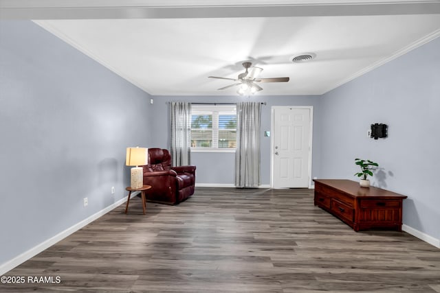177 Radcliffe Dr, Lafayette, LA 70501 - living area with ornamental molding, ceiling fan, and wood finished floors