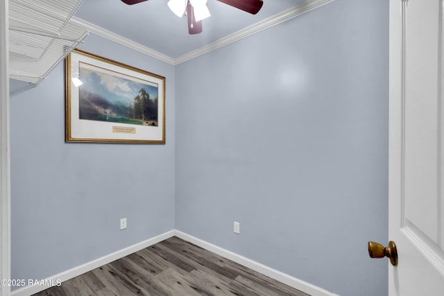177 Radcliffe Dr, Lafayette, LA 70501 - empty room featuring ceiling fan, wood finished floors, and crown molding