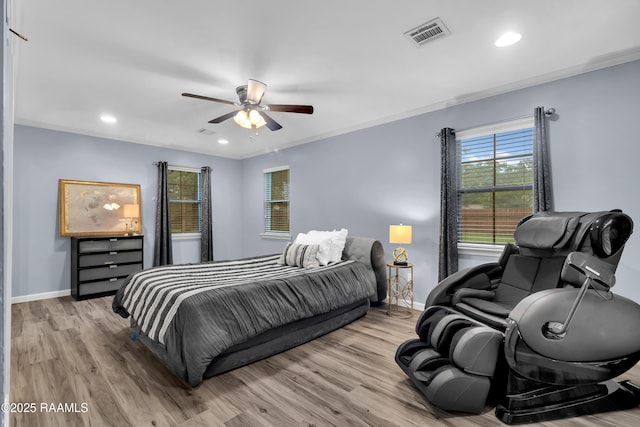 177 Radcliffe Dr, Lafayette, LA 70501 - bedroom featuring light wood-style flooring, a ceiling fan, crown molding, and recessed lighting
