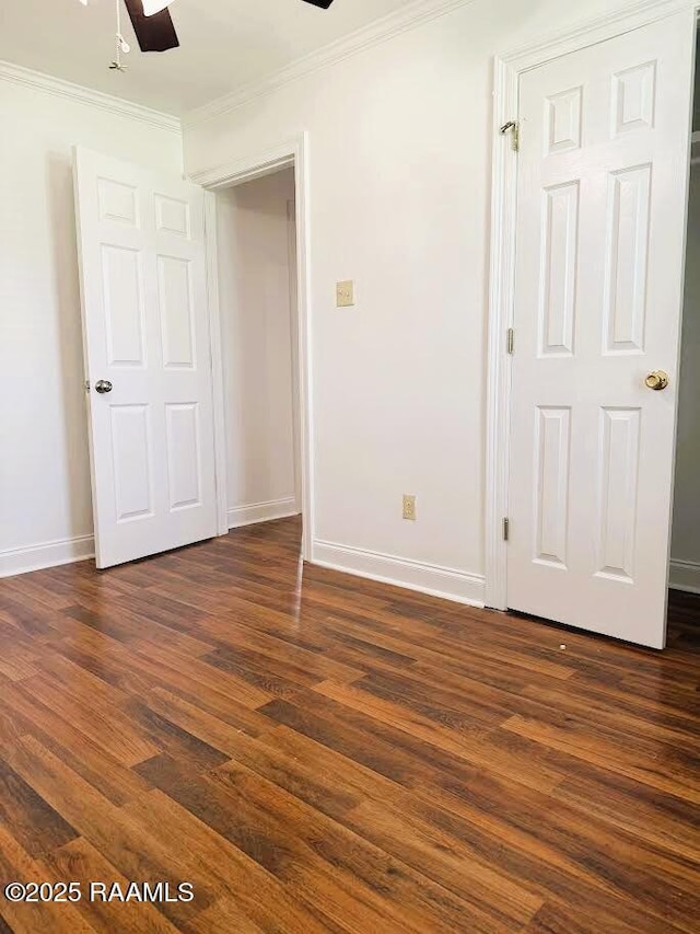 1108 Poydras Pl, Breaux Bridge, LA 70517 - unfurnished bedroom with ornamental molding, dark wood-style flooring, and ceiling fan