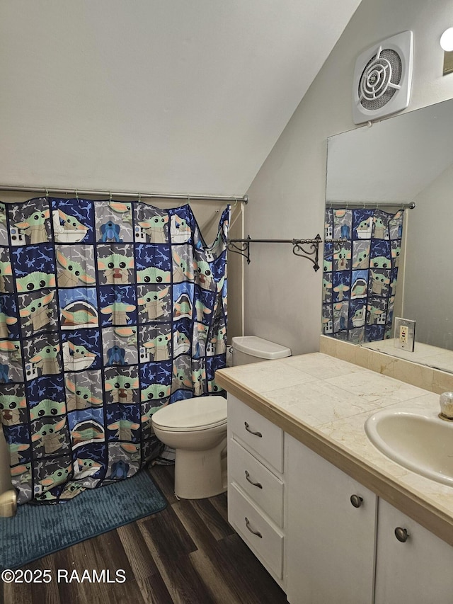 118 Pollard Ave, New Iberia, LA 70563 - full bath with vaulted ceiling, wood finished floors, vanity, and a shower with shower curtain
