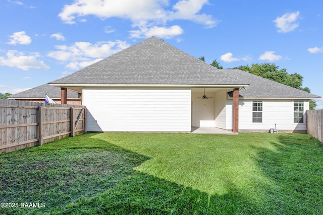 119 Alpine Dr, Lafayette, LA 70506 - rear view of property featuring a ceiling fan, roof with shingles, a fenced backyard, and a patio area