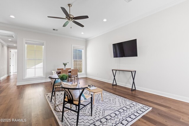 119 Alpine Dr, Lafayette, LA 70506 - living room featuring wood finished floors, a ceiling fan, recessed lighting, and crown molding