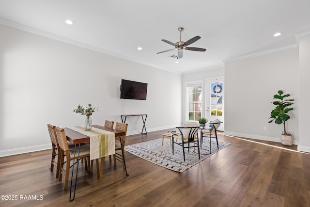 119 Alpine Dr, Lafayette, LA 70506 - dining area featuring ceiling fan, recessed lighting, wood finished floors, and crown molding