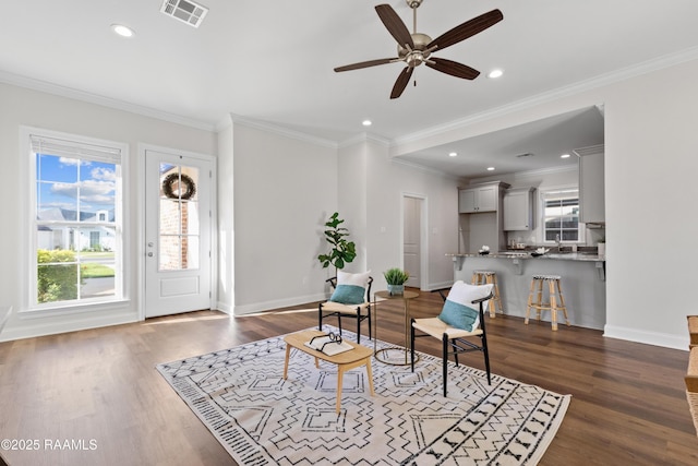 119 Alpine Dr, Lafayette, LA 70506 - living area featuring dark wood-style floors, a ceiling fan, ornamental molding, and recessed lighting