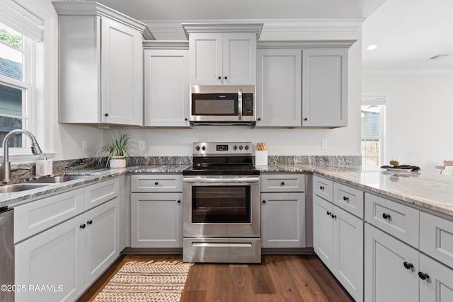 119 Alpine Dr, Lafayette, LA 70506 - kitchen with appliances with stainless steel finishes, crown molding, plenty of natural light, dark wood-style floors, and light stone counters