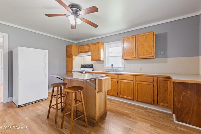 1044 Babineaux Rd, Breaux Bridge, LA 70517 - kitchen with white appliances, a kitchen breakfast bar, under cabinet range hood, ceiling fan, and light wood finished floors