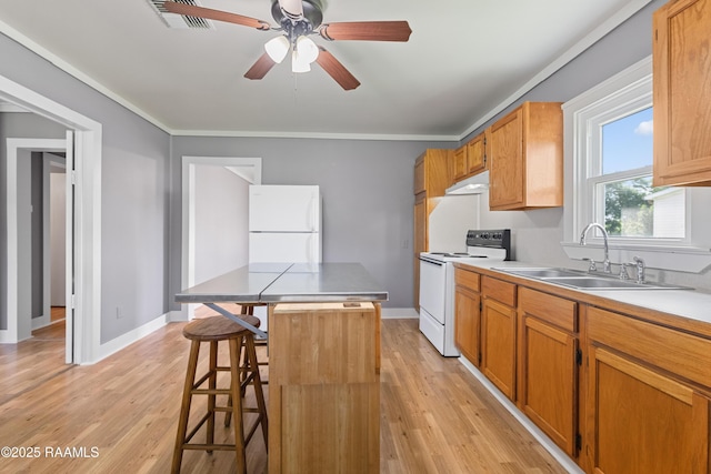 1044 Babineaux Rd, Breaux Bridge, LA 70517 - kitchen featuring white appliances, a kitchen island, light wood-style flooring, under cabinet range hood, and a breakfast bar