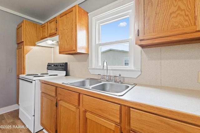1044 Babineaux Rd, Breaux Bridge, LA 70517 - kitchen with white range with electric stovetop, under cabinet range hood, light countertops, and light wood finished floors