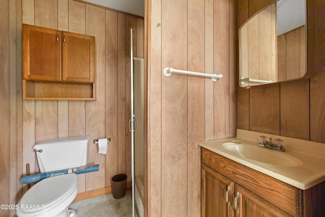 7011 Cameron St, Duson, LA 70529 - bathroom with vanity, a shower with shower door, and wood walls