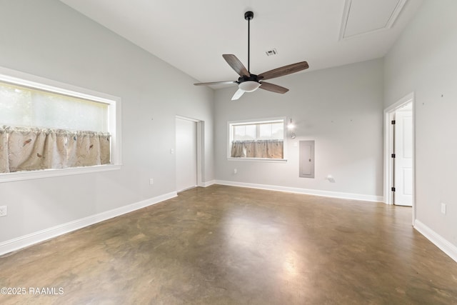 7011 Cameron St, Duson, LA 70529 - empty room featuring finished concrete floors, ceiling fan, and high vaulted ceiling