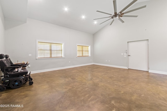 7011 Cameron St, Duson, LA 70529 - unfurnished living room with finished concrete floors, high vaulted ceiling, ceiling fan, and recessed lighting