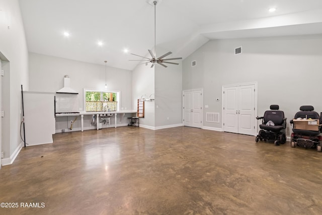 7011 Cameron St, Duson, LA 70529 - living area featuring concrete flooring, high vaulted ceiling, ceiling fan, and recessed lighting
