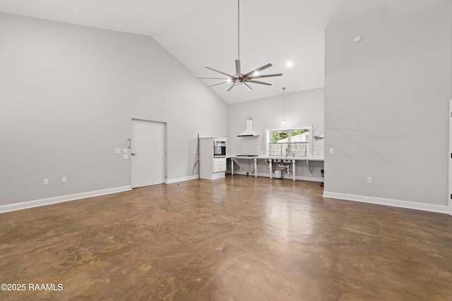 7011 Cameron St, Duson, LA 70529 - living room featuring high vaulted ceiling, finished concrete flooring, and a ceiling fan