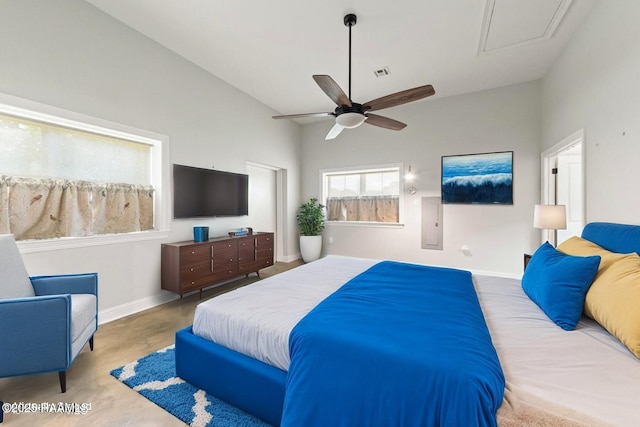 7011 Cameron St, Duson, LA 70529 - bedroom with concrete flooring, lofted ceiling, and a ceiling fan