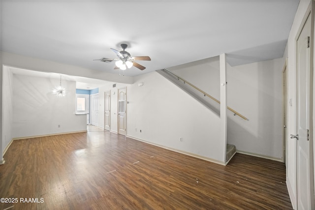 201 High Meadows Blvd Unit 160, Lafayette, LA 70507 - unfurnished living room featuring stairway, ceiling fan, wood finished floors, and a chandelier