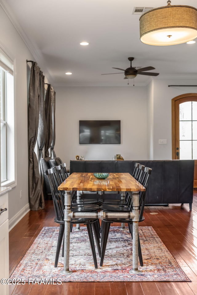 124 Buttercup Dr, Washington, LA 70589 - dining room with ceiling fan, crown molding, hardwood / wood-style flooring, and recessed lighting