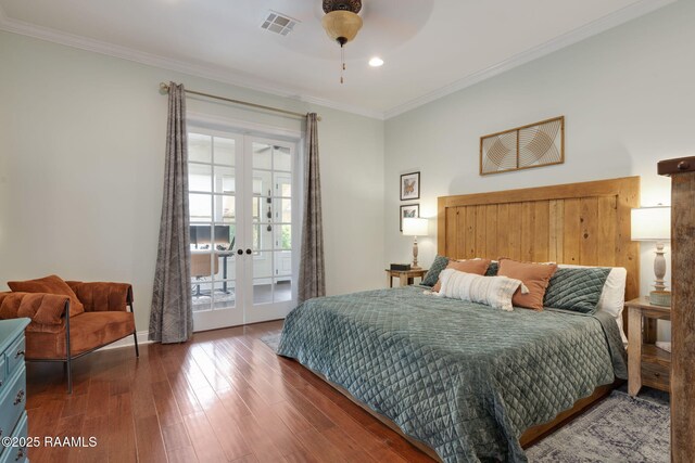 124 Buttercup Dr, Washington, LA 70589 - bedroom with french doors, access to exterior, wood finished floors, crown molding, and recessed lighting