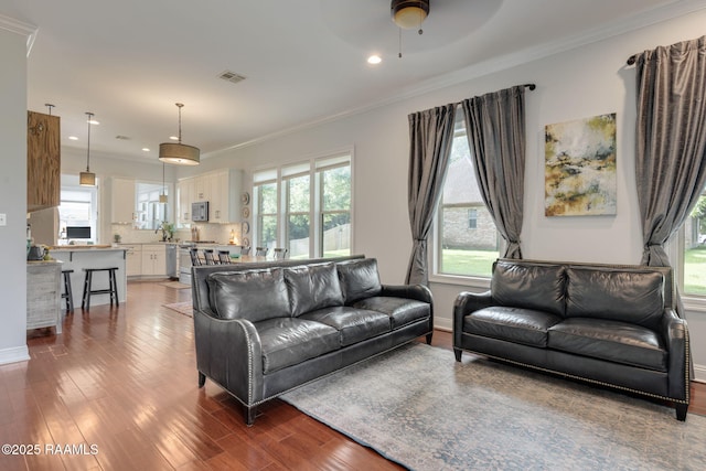 124 Buttercup Dr, Washington, LA 70589 - living area with wood finished floors, crown molding, ceiling fan, and recessed lighting