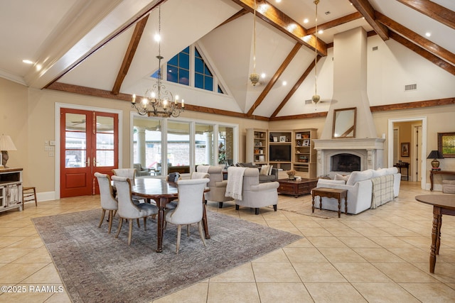 2 Carmel Bnd, New Iberia, LA 70563 - dining area featuring light tile patterned flooring, high vaulted ceiling, a chandelier, french doors, and beamed ceiling