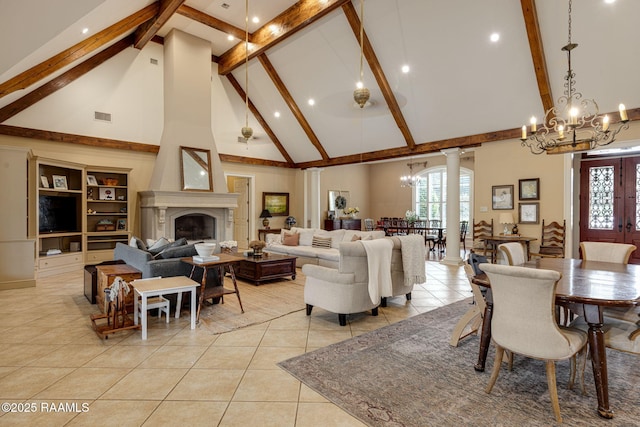 2 Carmel Bnd, New Iberia, LA 70563 - dining room featuring a chandelier, high vaulted ceiling, beamed ceiling, light tile patterned flooring, and ornate columns