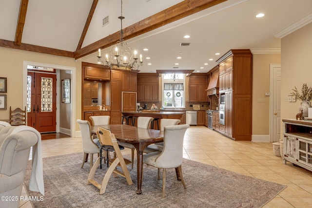 2 Carmel Bnd, New Iberia, LA 70563 - dining space featuring light tile patterned flooring, a chandelier, recessed lighting, and crown molding