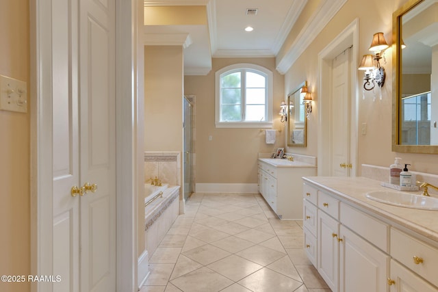 2 Carmel Bnd, New Iberia, LA 70563 - full bathroom featuring ornamental molding, two vanities, a stall shower, a bath, and tile patterned flooring