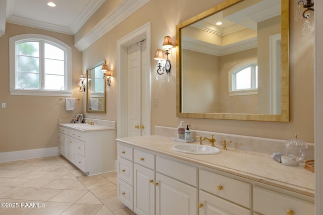 2 Carmel Bnd, New Iberia, LA 70563 - full bath with crown molding, two vanities, and tile patterned floors