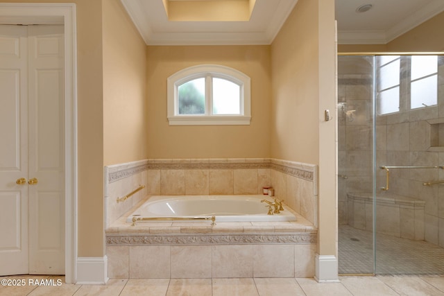 2 Carmel Bnd, New Iberia, LA 70563 - bathroom featuring a bath, a shower stall, crown molding, and tile patterned floors