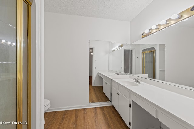 1243 Huval Rd, Breaux Bridge, LA 70517 - full bathroom featuring wood finished floors, double vanity, a textured ceiling, and a shower with door