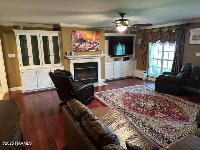 2033 Isadore Rd, Erath, LA 70533 - living area featuring dark wood finished floors, ceiling fan, a fireplace with flush hearth, and ornamental molding