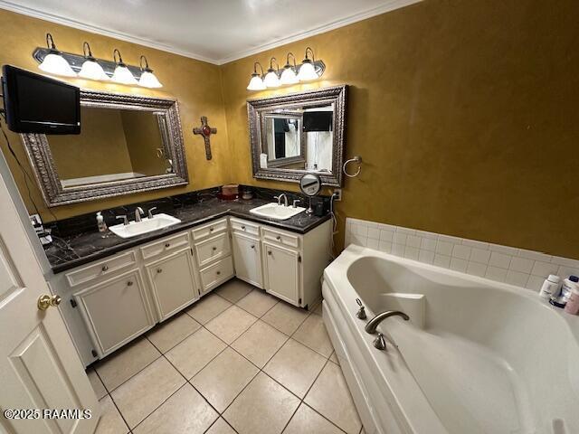 2033 Isadore Rd, Erath, LA 70533 - bathroom with double vanity, tile patterned flooring, a bath, and crown molding