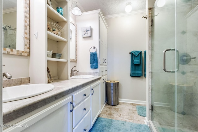 314 Creswell Ave, Scott, LA 70583 - bathroom with a stall shower, double vanity, crown molding, and a textured ceiling