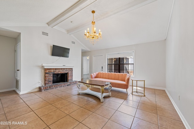 15 Courtyard Cir, Lafayette, LA 70508 - living room featuring light tile patterned flooring, a chandelier, and a brick fireplace