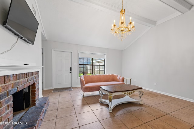15 Courtyard Cir, Lafayette, LA 70508 - living area with light tile patterned floors, a chandelier, and a fireplace