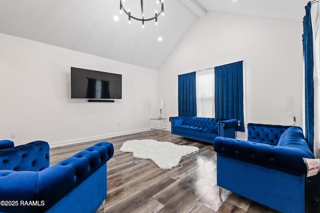 1114 Dermelie Calais Rd, Breaux Bridge, LA 70517 - living room with high vaulted ceiling, a chandelier, beam ceiling, wood finished floors, and recessed lighting
