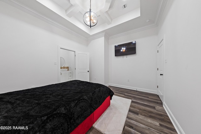 1114 Dermelie Calais Rd, Breaux Bridge, LA 70517 - bedroom featuring a chandelier, dark wood finished floors, coffered ceiling, beam ceiling, and ornamental molding