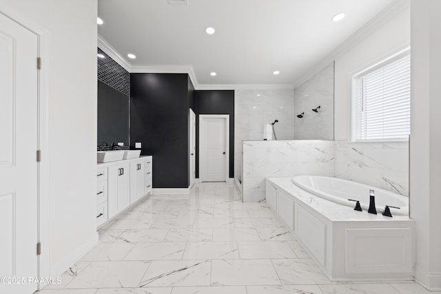 1114 Dermelie Calais Rd, Breaux Bridge, LA 70517 - bathroom featuring a marble finish shower, a garden tub, crown molding, vanity, and marble finish floors