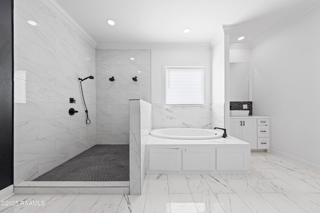 1114 Dermelie Calais Rd, Breaux Bridge, LA 70517 - full bathroom featuring a bath, marble finish floors, ornamental molding, tiled shower, and vanity