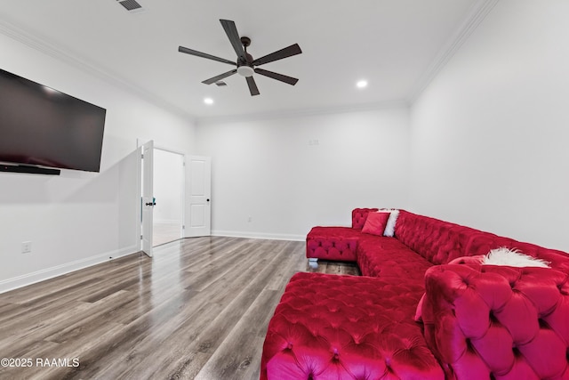 1114 Dermelie Calais Rd, Breaux Bridge, LA 70517 - living area with crown molding, wood finished floors, ceiling fan, and recessed lighting