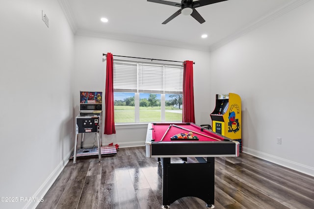 1114 Dermelie Calais Rd, Breaux Bridge, LA 70517 - rec room with ceiling fan, billiards, ornamental molding, wood finished floors, and recessed lighting